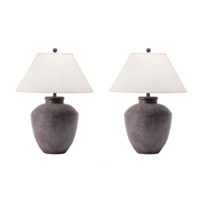 Farmhouse-style 30-inch table lamp with gray resin urn-shaped base and beige empire fabric shade, ideal for living room or bedroom accent lighting

