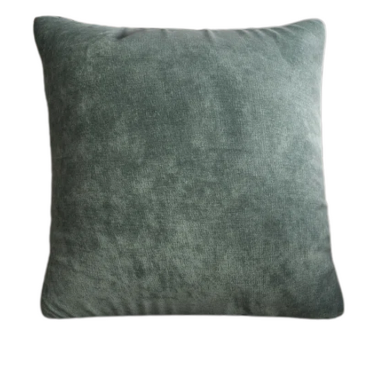 Forest green crushed velvet throw pillow, 16x16 square design with soft texture and reversible fabric, styled on a modern sofa for cozy, nature-inspired home decor.

