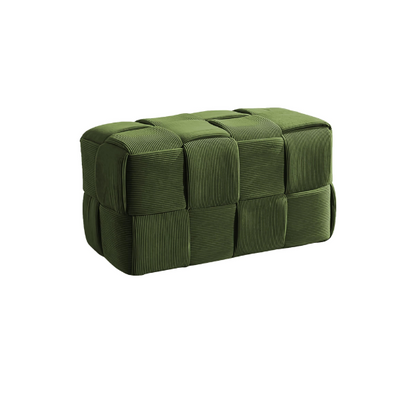 Forest green velvet ottoman with modern woven design, compact and versatile for home or office decor.