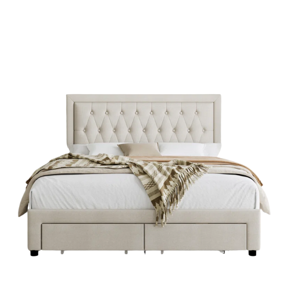 Full-size beige linen upholstered bed with tufted headboard and two underbed storage drawers