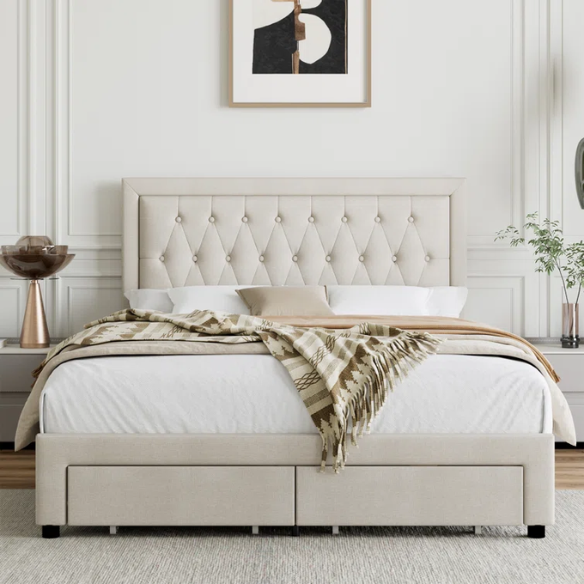 Full-size beige linen upholstered bed with tufted headboard and two underbed storage drawers
