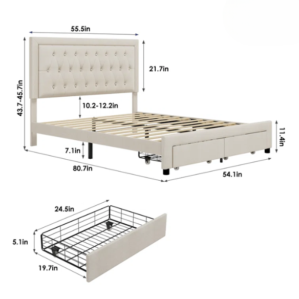 Full-size beige linen upholstered bed with tufted headboard and two underbed storage drawers