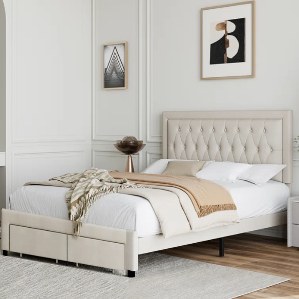Full-size beige linen upholstered bed with tufted headboard and two underbed storage drawers