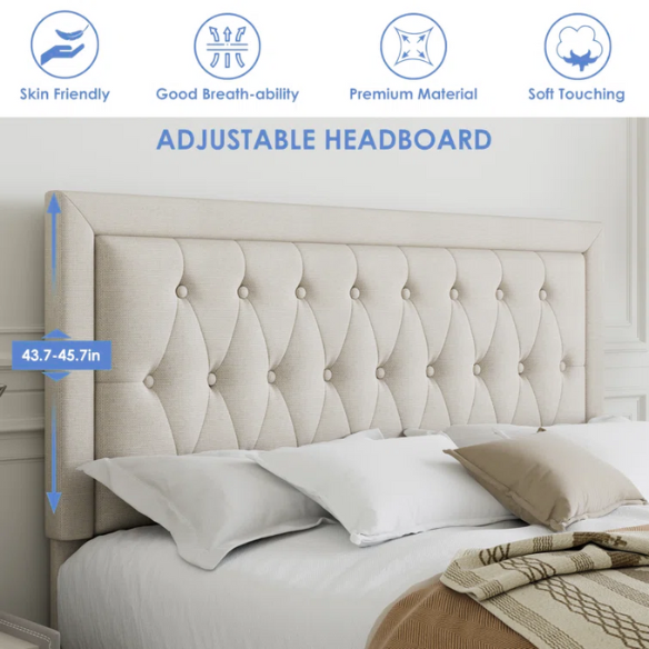 Full-size beige linen upholstered bed with tufted headboard and two underbed storage drawers