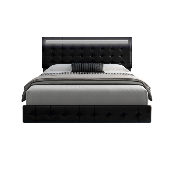 Full-size black faux leather platform bed with tufted LED headboard and floating base design