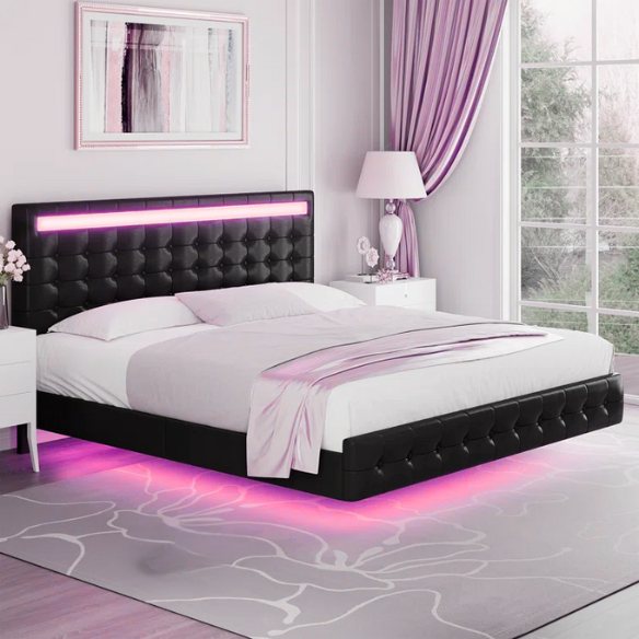Full-size black faux leather platform bed with tufted LED headboard and floating base design