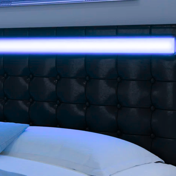 Full-size black faux leather platform bed with tufted LED headboard and floating base design