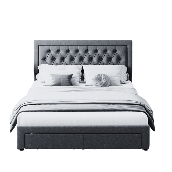 Full-size black linen upholstered bed with tufted headboard and built-in storage drawers