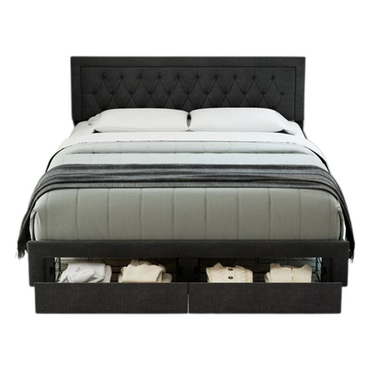 Full-size black linen upholstered bed with tufted headboard and built-in storage drawers