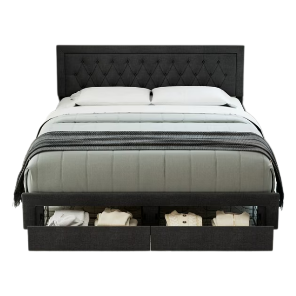 Full-size black linen upholstered bed with tufted headboard and built-in storage drawers