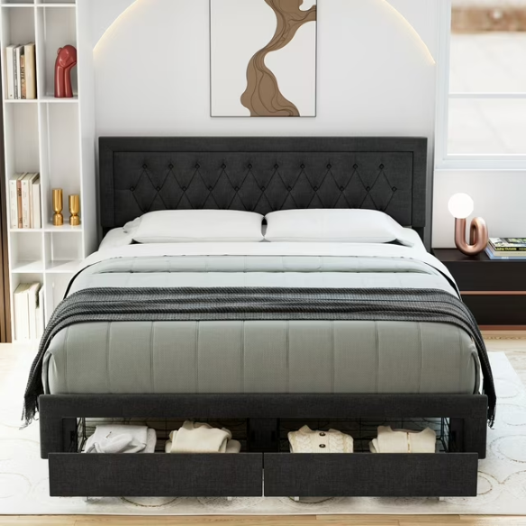 Full-size black linen upholstered bed with tufted headboard and built-in storage drawers