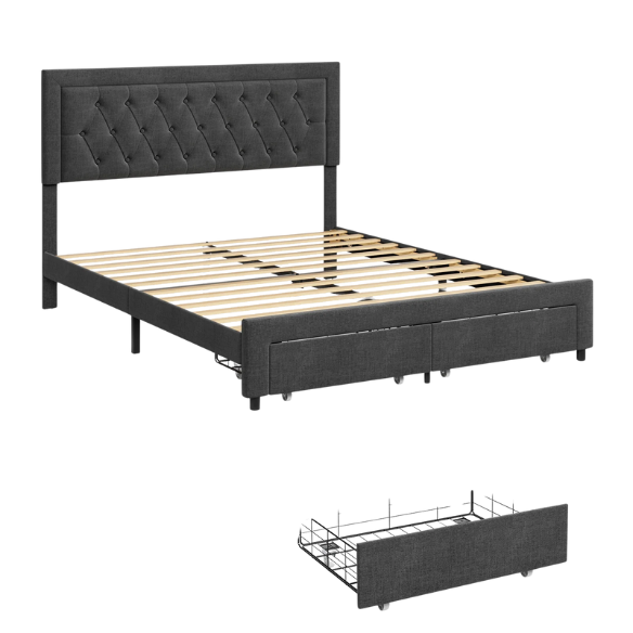Full-size black linen upholstered bed with tufted headboard and built-in storage drawers