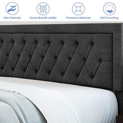 Full-size black linen upholstered bed with tufted headboard and built-in storage drawers