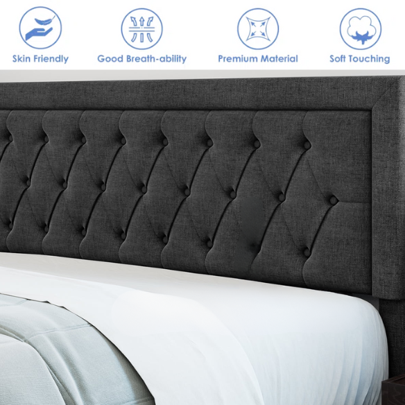 Full-size black linen upholstered bed with tufted headboard and built-in storage drawers