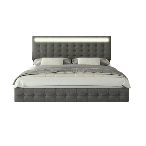 Full-size grey linen platform bed with tufted LED headboard and modern floating frame design