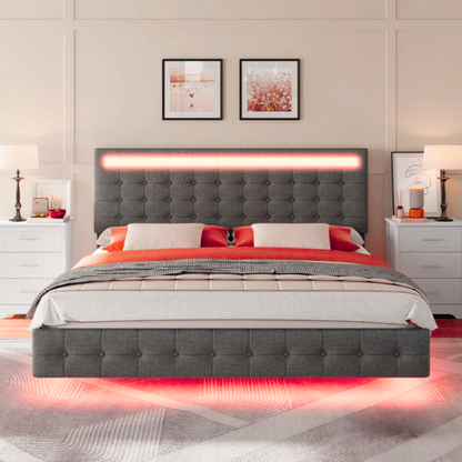 Full-size grey linen platform bed with tufted LED headboard and modern floating frame design