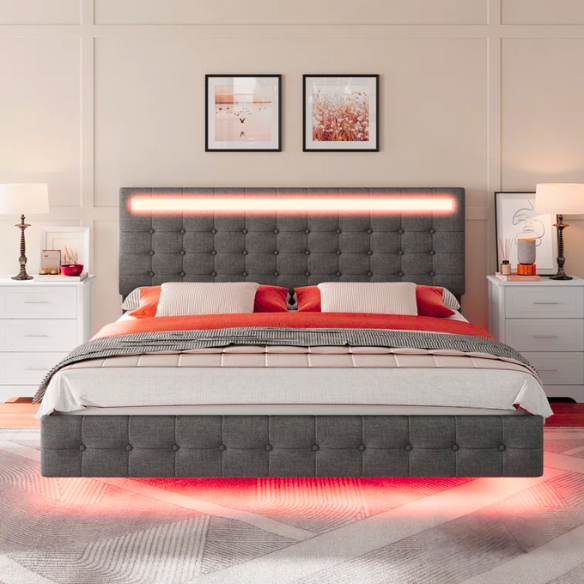 Full-size grey linen platform bed with tufted LED headboard and modern floating frame design
