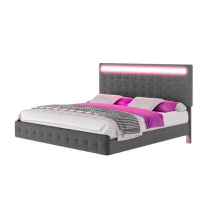 Full-size grey linen platform bed with tufted LED headboard and modern floating frame design