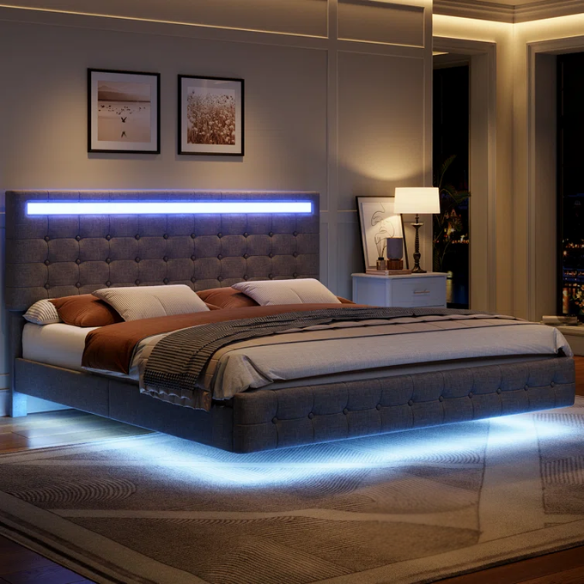 Full-size grey linen platform bed with tufted LED headboard and modern floating frame design