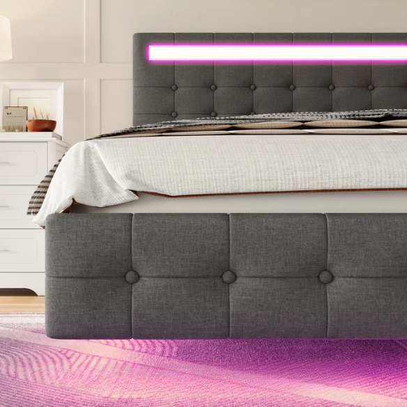 Full-size grey linen platform bed with tufted LED headboard and modern floating frame design