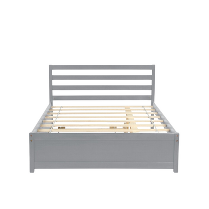 Full size grey wooden platform bed frame with headboard and four underbed storage drawers, modern design ideal for stylish bedroom organization.
