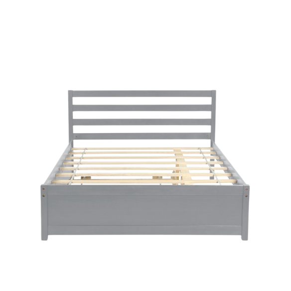 Full size grey wooden platform bed frame with headboard and four underbed storage drawers, modern design ideal for stylish bedroom organization.