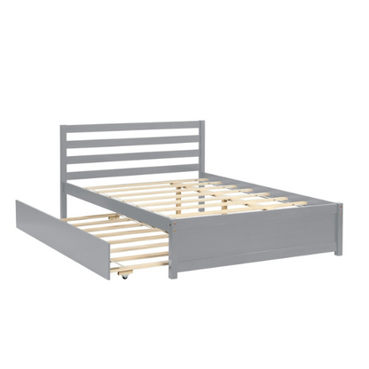 Full size grey wooden platform bed frame with headboard and four underbed storage drawers, modern design ideal for stylish bedroom organization.