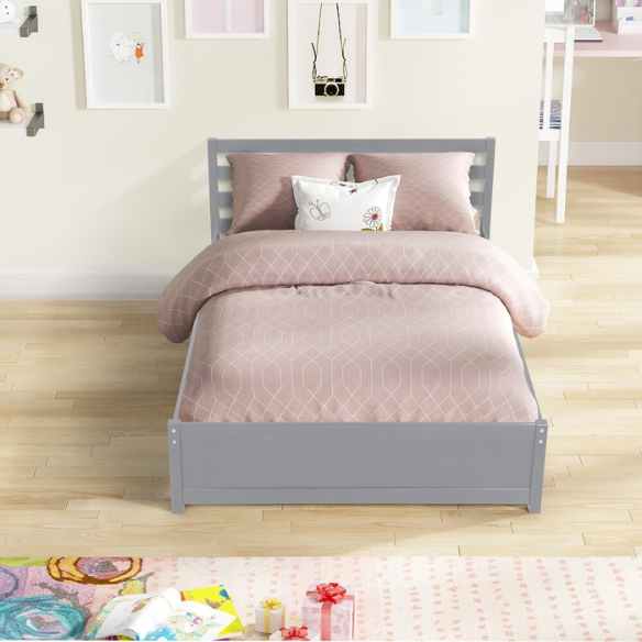 Full size grey wooden platform bed frame with headboard and four underbed storage drawers, modern design ideal for stylish bedroom organization.