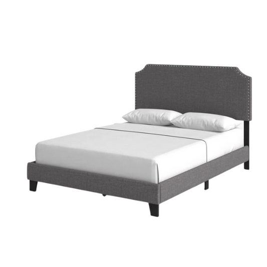 Full-size upholstered gray bed with nailhead trim headboard, compatible with adjustable bases
