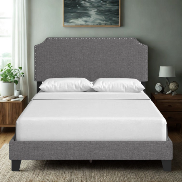 Full-size upholstered gray bed with nailhead trim headboard, compatible with adjustable bases