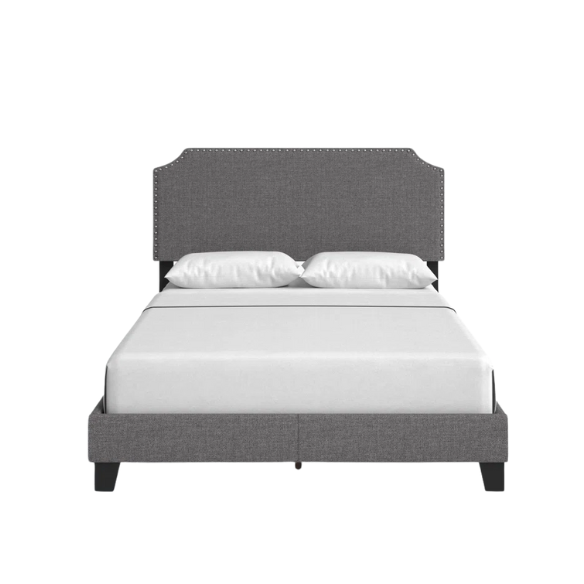 Full-size upholstered gray bed with nailhead trim headboard, compatible with adjustable bases