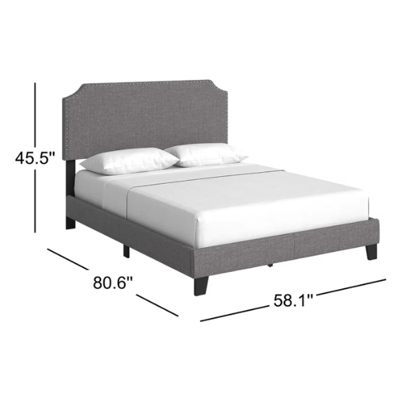 Full-size upholstered gray bed with nailhead trim headboard, compatible with adjustable bases