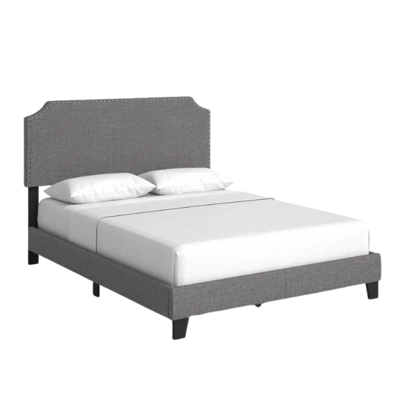 Full-size upholstered gray bed with nailhead trim headboard, compatible with adjustable bases