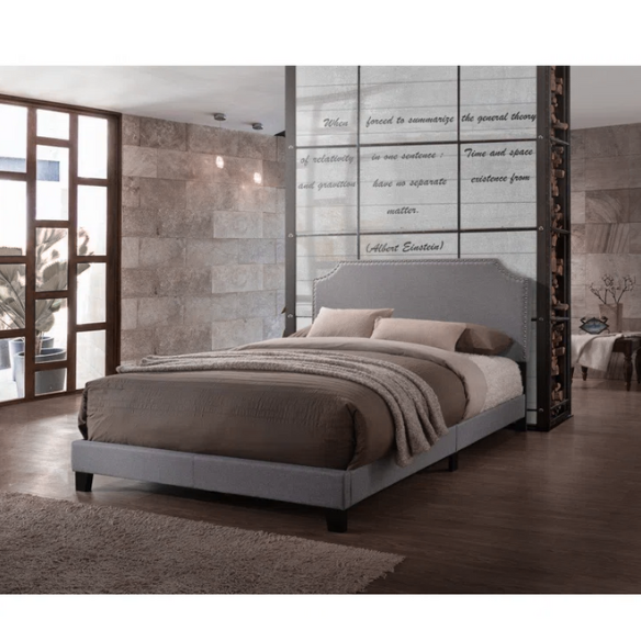 Full-size upholstered gray bed with nailhead trim headboard, compatible with adjustable bases