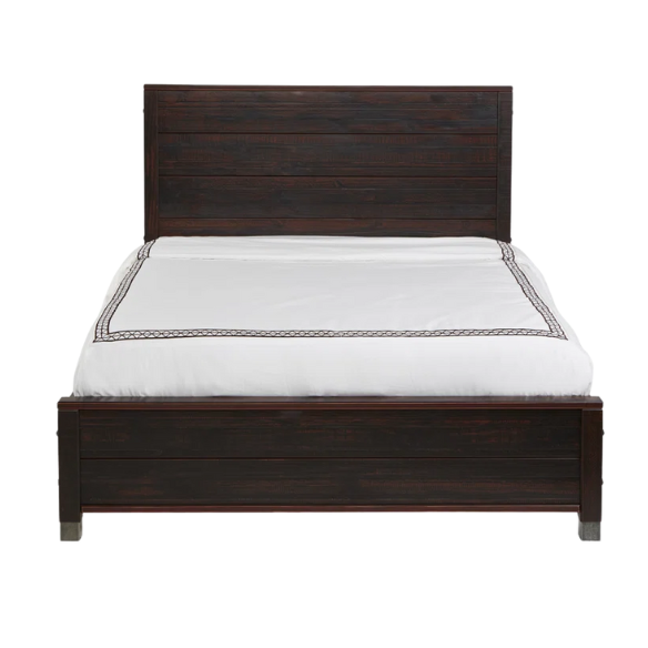 Full-size farmhouse bed in walnut brown finish, made from solid pine with distressed details, featuring a rectangular headboard, footboard, and slatted platform support.

