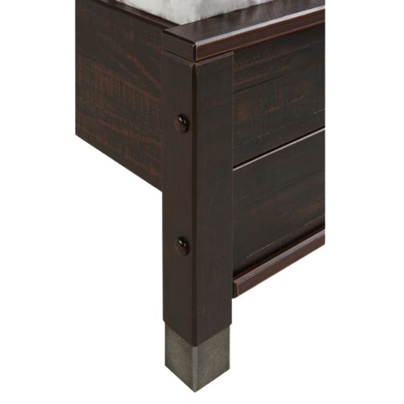 Full-size farmhouse bed in walnut brown finish, made from solid pine with distressed details, featuring a rectangular headboard, footboard, and slatted platform support.

