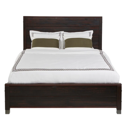 Full-size farmhouse bed in walnut brown finish, made from solid pine with distressed details, featuring a rectangular headboard, footboard, and slatted platform support.

