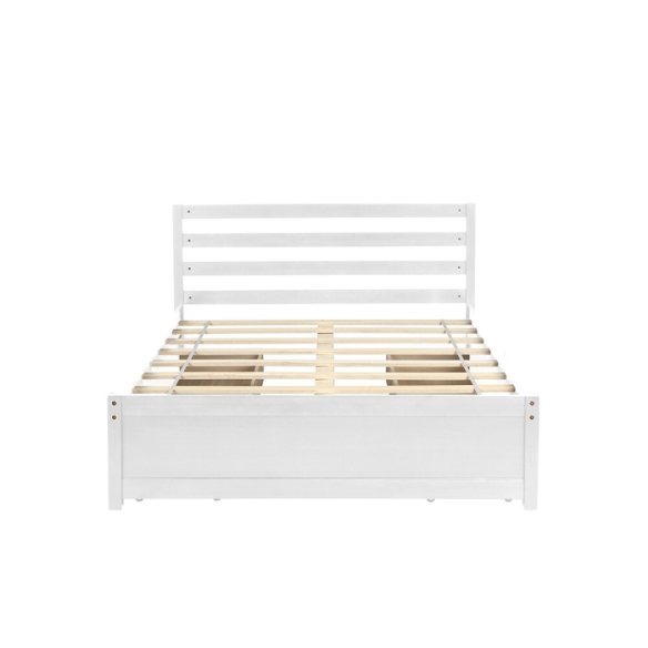 Full size white wooden platform bed frame with headboard and four underbed storage drawers, modern design for bedroom organization.