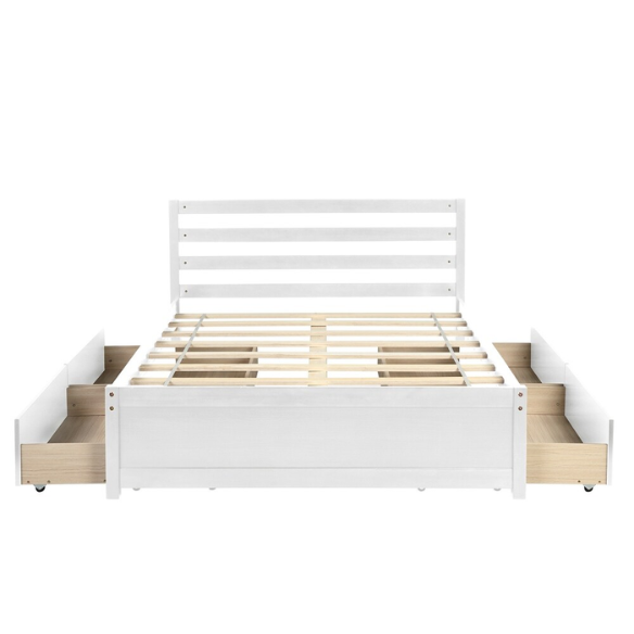 Full size white wooden platform bed frame with headboard and four underbed storage drawers, modern design for bedroom organization.