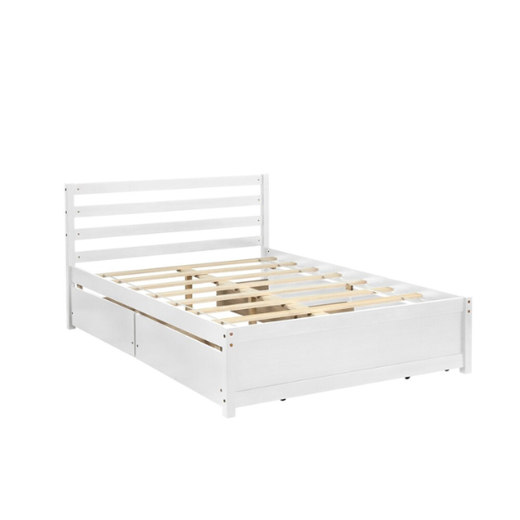 Full size white wooden platform bed frame with headboard and four underbed storage drawers, modern design for bedroom organization.