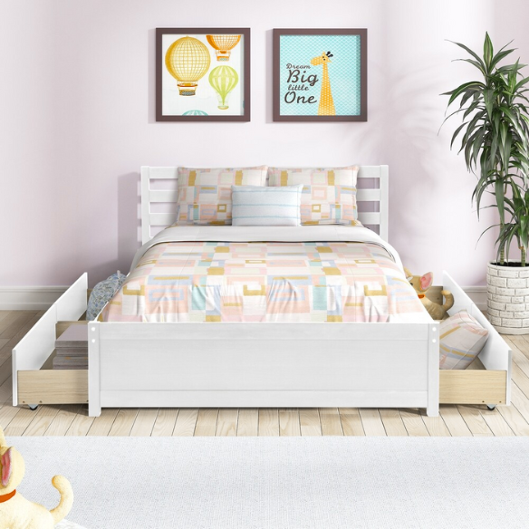 Full size white wooden platform bed frame with headboard and four underbed storage drawers, modern design for bedroom organization.