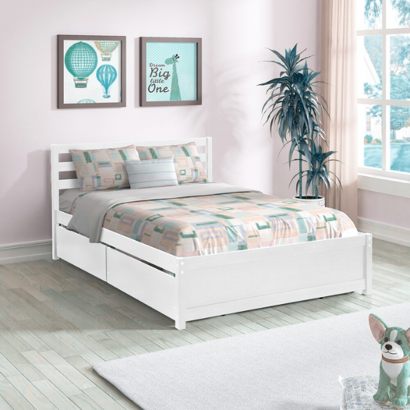 Full size white wooden platform bed frame with headboard and four underbed storage drawers, modern design for bedroom organization.