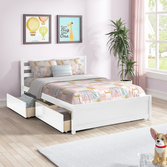 Full size white wooden platform bed frame with headboard and four underbed storage drawers, modern design for bedroom organization.