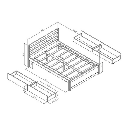 Full size white wooden platform bed frame with headboard and four underbed storage drawers, modern design for bedroom organization.