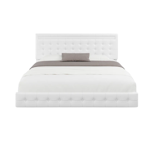 Full-size white faux leather platform bed with tufted lighted headboard and floating design