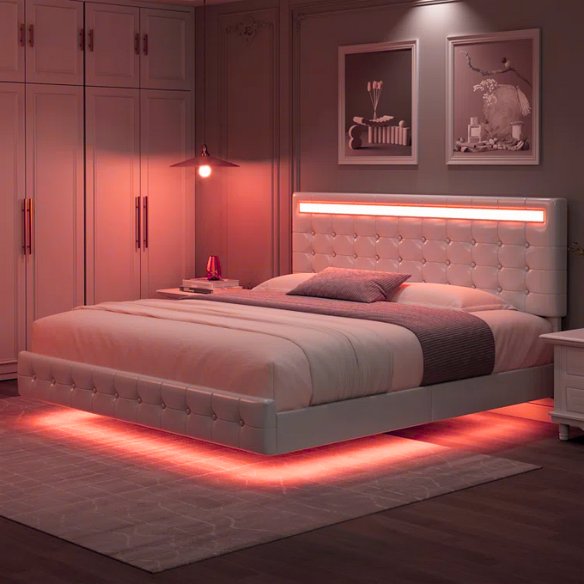 Full-size white faux leather platform bed with tufted lighted headboard and floating design