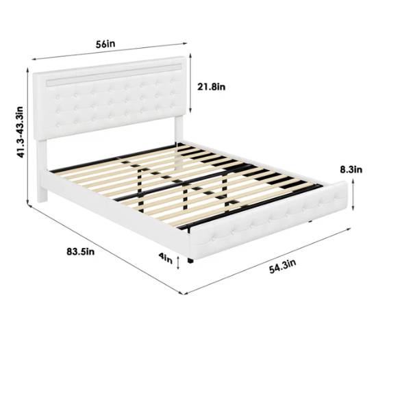 Full-size white faux leather platform bed with tufted lighted headboard and floating design