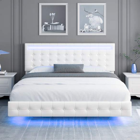 Full-size white faux leather platform bed with tufted lighted headboard and floating design