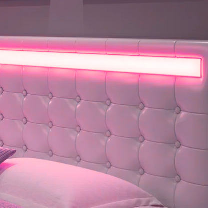Full-size white faux leather platform bed with tufted lighted headboard and floating design