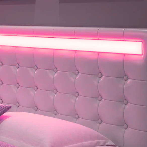 Full-size white faux leather platform bed with tufted lighted headboard and floating design